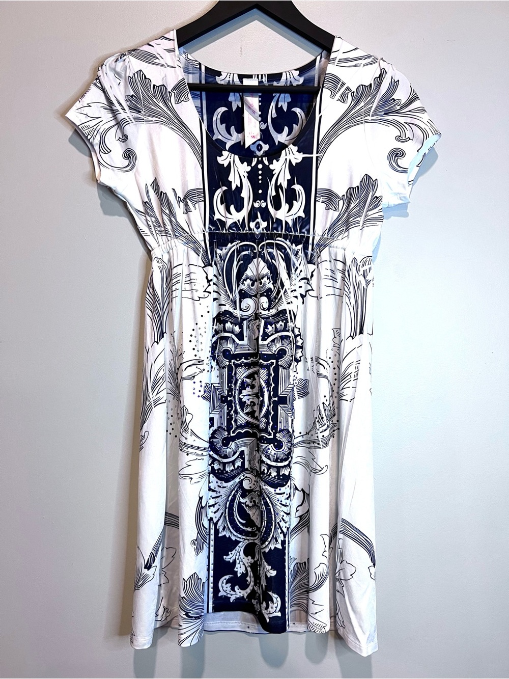 CristinaLove Black Ivory Baroque Print Fit Flare Dress Cap Sleeve Boho Medium